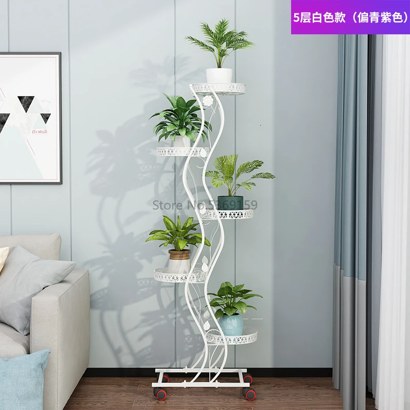 Flower Shelf Rack Wrought Iron Multi-layer Mobile Pulley Flower Stand Balcony Living Room Floor Green Flower Pot Shelf - Color: Blue