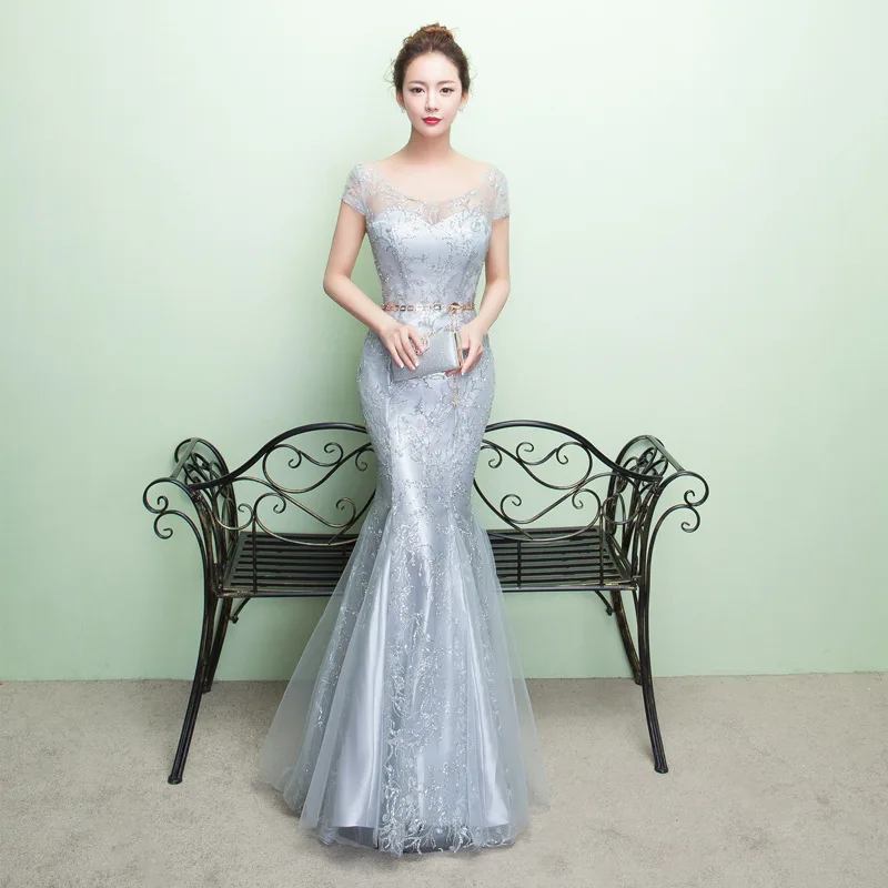 

Fashion Formal Evening Dresses Gray Pattern Sparkling Sequin Mermaid Dress O-Neck Short Sleeve Vestidos Long Party Gowns K208