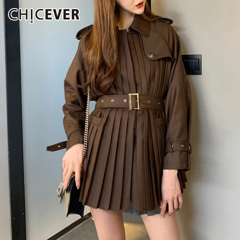 

CHICEVER Korean Patchwork Women's Jacket Lapel Collar Long Sleeve High Waist Sashes Pleated Autumn Coats Female 2019 Fashion New