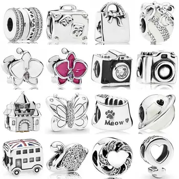 

Real Camera Decorative Butterfly Suitcase Travel Castle Orchid Flower Bead 925 Sterling Silver Charm Fit Bracelet Diy Jewelry