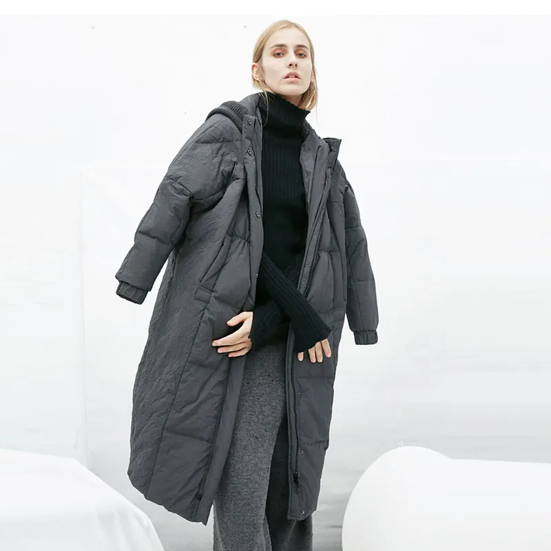 Высокое качество 90% утиный пух женское новое зимнее толстое лоскутное теплое пальто с капюшоном женское плюс Размер Свободное модное длинное пальто