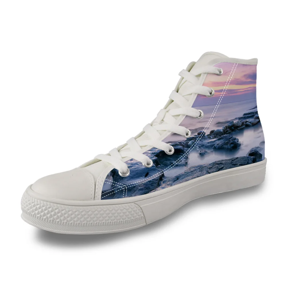 

Evening Scenery Lighthouse Ocean Reef Sunset Colorful Clouds High Top White Canvas Vulcanized Breathable Shoes