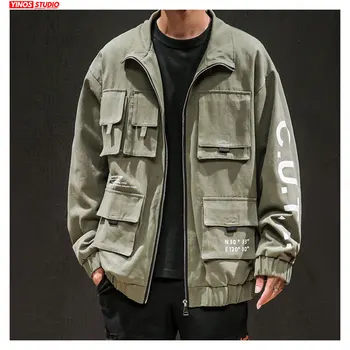 

Dropshipping 2020 Autumn Japanese Casual Sport Coats Male Streetwear Multi-Pocket Jacket Baggy Outdoor Solid Cargo Tops