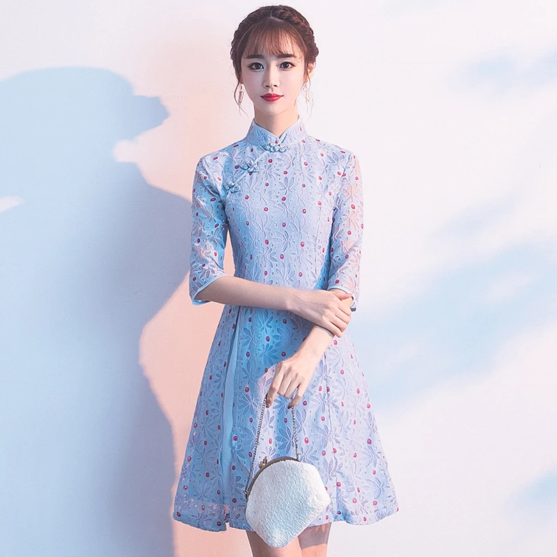 Spring Floral Lace Chinese National Dress Cheongsam A-Line Party Mini Vestidos Vintage Buckle Elegant Ladies Dress Plus Size