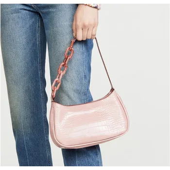 

Women's Bag Pu Baguette Bag Retro Acrylic Chain Handbag Fashion Armpit Bag Solid Color Simple Lady's Bag