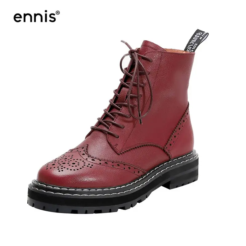 Red Wine ENNIS Brand Ankle Martin Boots Women Brogue Shoes Lace Up Genuine Leather Platform Boots Fashion Autumn Winter Boots A9365 - Цвет: Red Wine