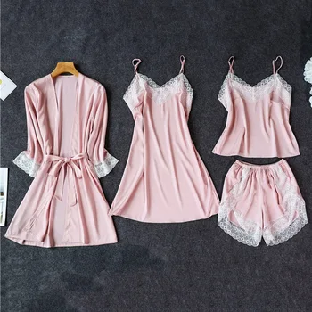 

Silk Pajamas for Women Sleepwear Suit New 2020 Summer Pijama Mujer Sexy Lace Lingerie Female Pyjama Satin Pajama Set Nightwear