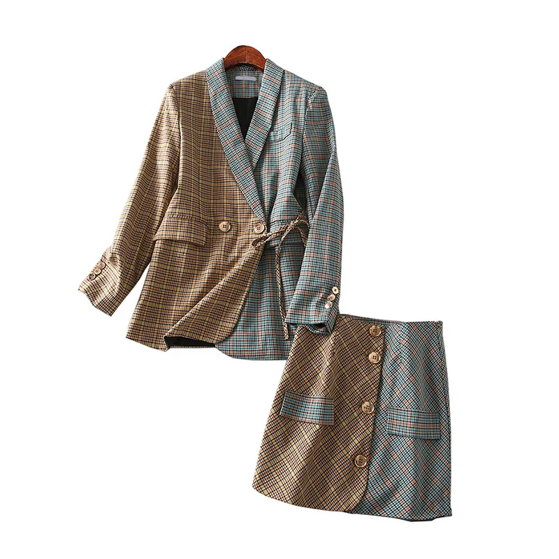 

One's Versatile Mixed Colors Plaid Suit High Waist Skirt Two-Piece Women's Entity
