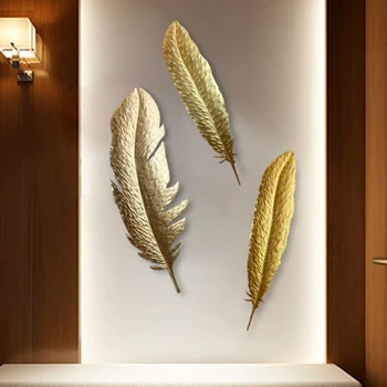 

European Gold Wrought Iron Luxury 3D Wall Hanging Feather Crafts Decoration Hotel Home Livingroom Wall Decor Mural Ornaments