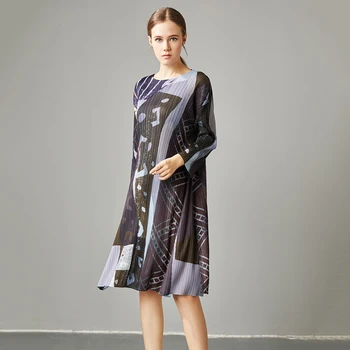 

LANMREM 2020 Spring Summer New Arrivals O-neck Full Sleeve Print Pattern Women Casual Loose Knee-length Dress AW47215