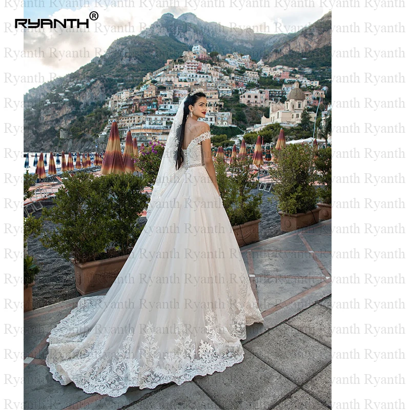 Vestido de noiva сексуальное кружевное свадебное платье трапециевидной формы с открытыми плечами, свадебные платья со шнуровкой на спине, пояс со стразами, Robe de mariee