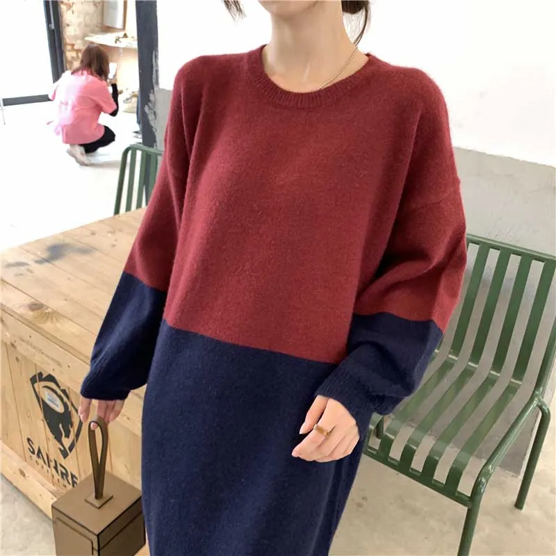 2020 Sweater Dress Women Autumn Winter Fashion One-Piece Long Sleeve Colorblock Dress Korean Lady Plus Size Loose Knitted Dress