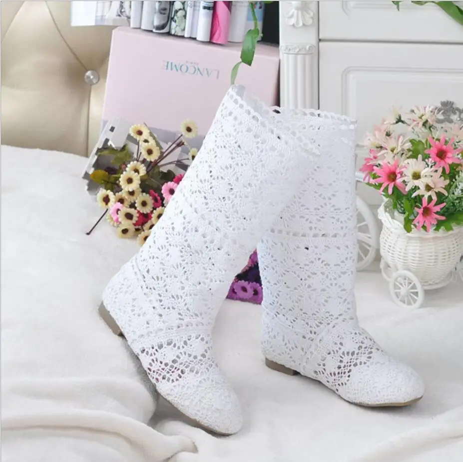 Women's spring high boots wool hollow boots fashion luxury brand summer white lace boots ladies hollow flat casual shoes