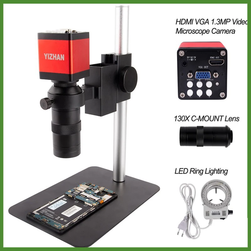 US $30.29 130X Digital Monocular Microscope Sets HDMI VGA Microscope Camera LED Ring Light Professional Repair Phone Soldering