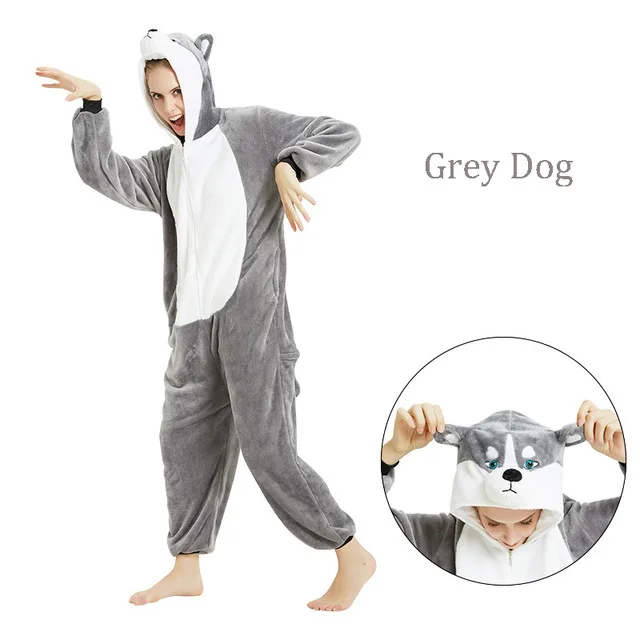 Animal Kigurumi Unicorn Pajamas Set Winter Warm Pyjamas Women Adult Unisex Stitch Panda Pijimas Hooded Women Sleepwear Nightwear - Цвет: grey dog