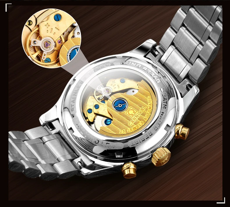 CARNIVAL Men's Watches Top brand luxury Multifunction Automatic Watch Men All steel Waterproof Mechanical Business Sport Watches