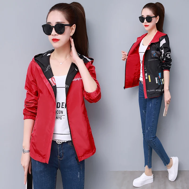 lower price  Spring and Autumn Trendy Print Women's Double-Sided coat Hooded coat Korean Edition Loose Thin Wome