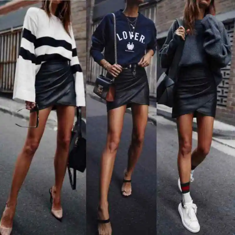 Autumn New Fashion Womens Ladies High Waisted Pencil Skirt Cross ndage Bodycon Leather Irregularity Mini Dress | Женская одежда