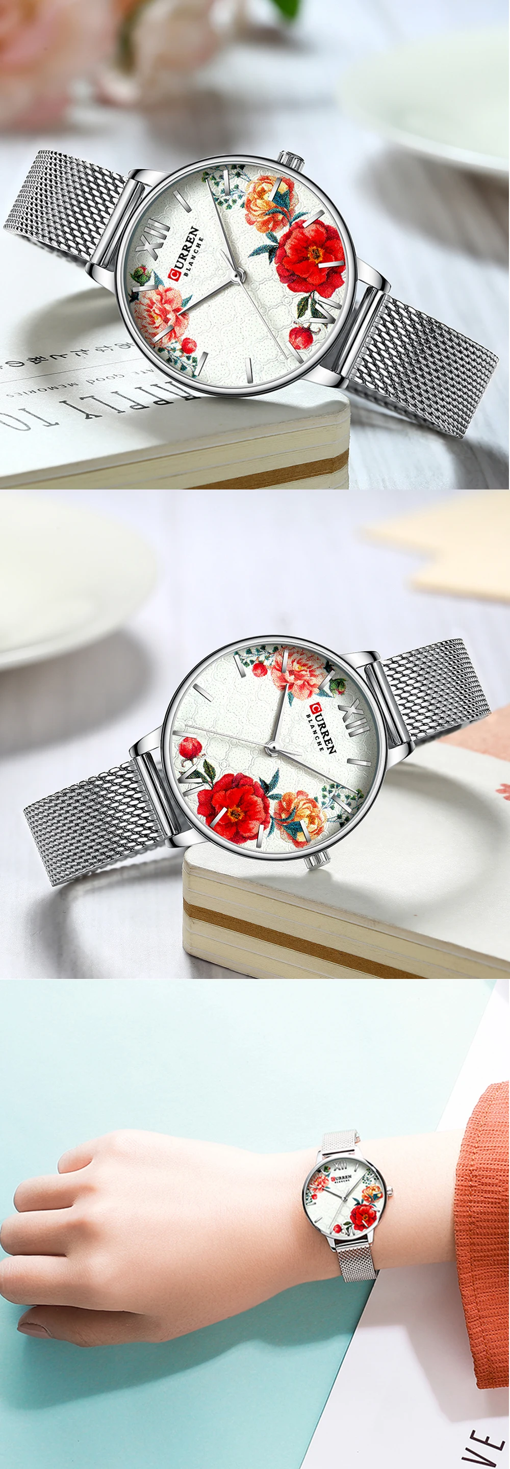 CURREN Beautiful Flower Design Watches Women Fashion Casual Leather Wristwatch Ladies Watch Female Clock Women's Quartz Watch