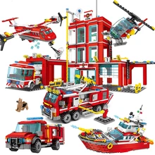 Пожарная станция Строительные блоки совместимы с городскими пожарными кирпичами грузовик Вертолет Лодка автомобиль Развивающие DIY игрушки классические кирпичи