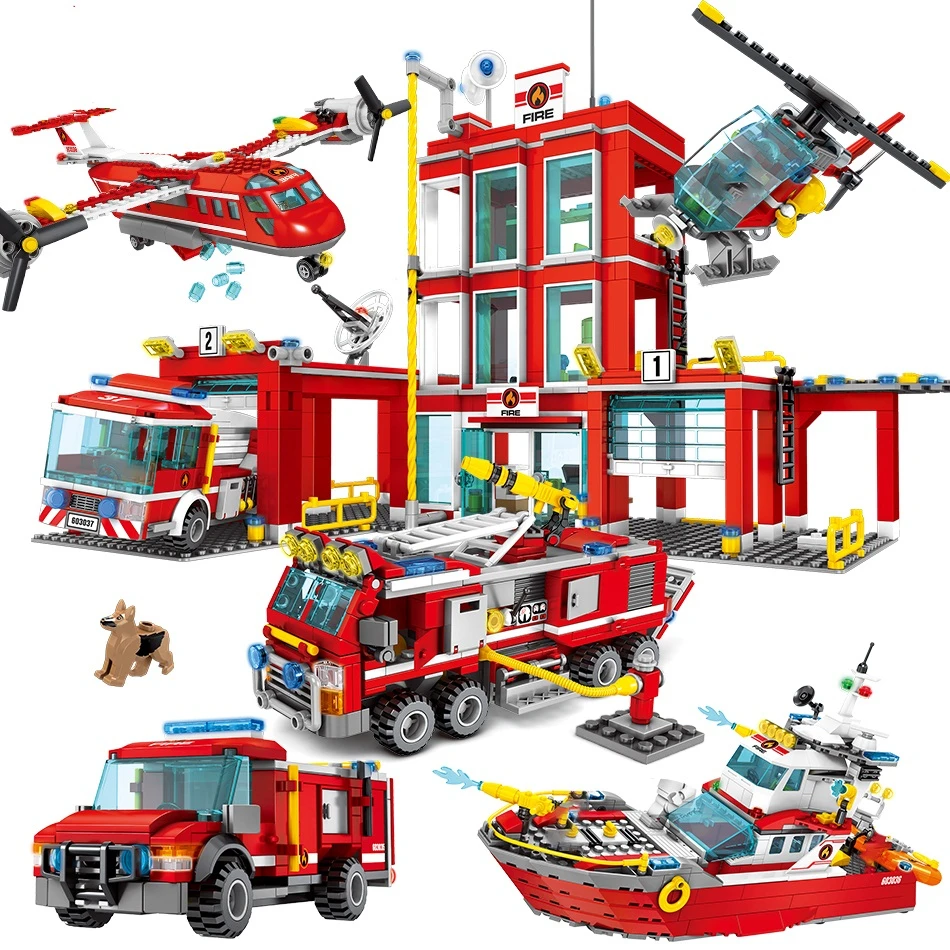 

Fire Station Building Blocks Compatible City Firefighter Bricks Truck Helicopter Boat Car Educational DIY Toys Classic Bricks