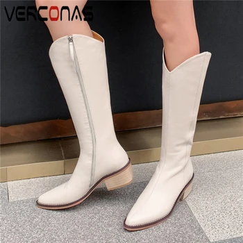 

VERCONAS High Quality Genuine Leather Knee-High Boots For Women Fashion Concise High Heels Shoes Woman Side Zipper Autumn Winter