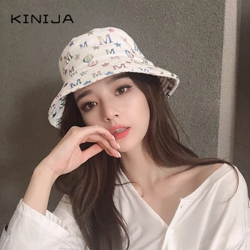 

Korean Autumn women fisherman hat summer girl bucket cap beach sun hat cover face hat cotton letter hat Panama Casual Design hat