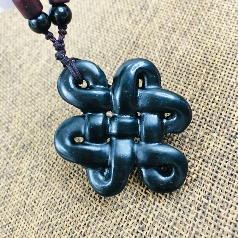 Collar con colgante de nudo chino para hombres y mujeres, cadena de suéter con piedra negra Natural calado retro, buena suerte|Colgantes| - AliExpress