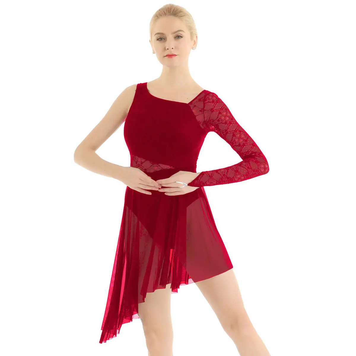 Женское платье для взрослых с длинными рукавами и кружевным лифом, асимметричная танцевальная пачка, платье для лирических современных балетных танцев - Цвет: Burgundy