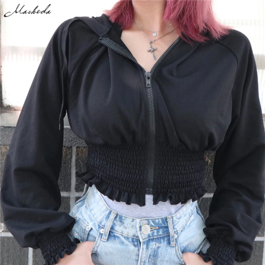 

Macheda Autumn Black Streetwear Hooded Women Long Puff Sleeve Hooded Ruched Tops Lady Casual Short Zip-up Top 2019 New