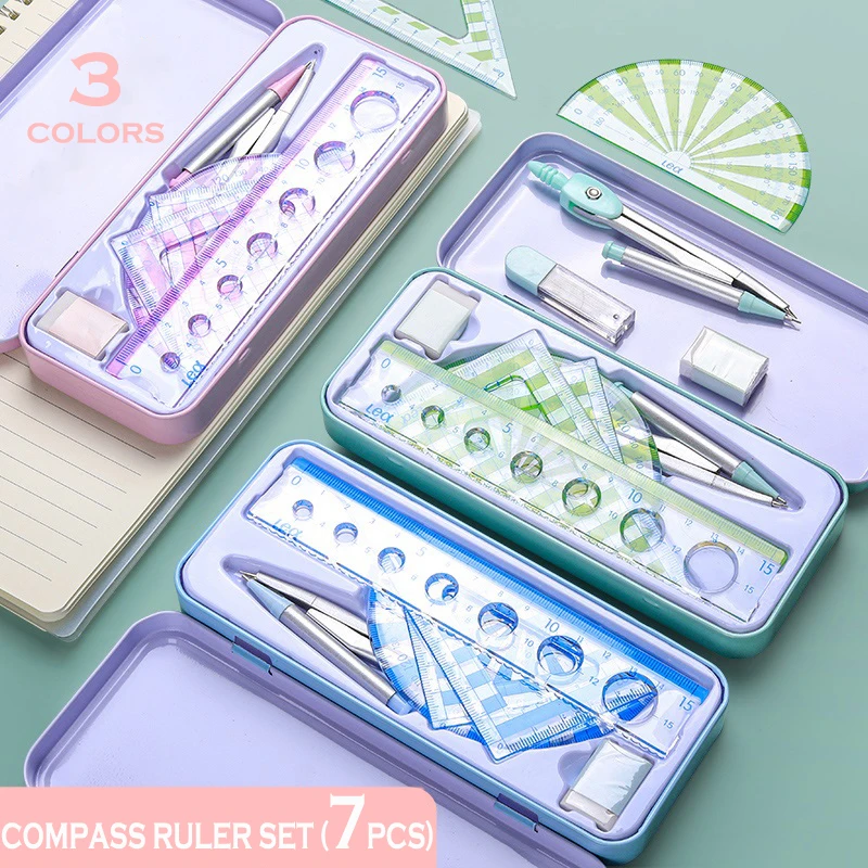 7Pcs/Set Ruler Compass with Metal box Geometry Maths Drawing Stationery Rulers Mathematical compass for School | Канцтовары для