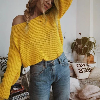 

Womens Fashion Sexy Off Shoulder Knitted Sweaters Ladies Solid Color Long Sleeve Warm Slim Fit Casual Pullovers 2019 New