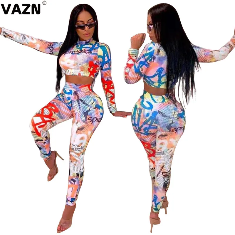 VAZN FST7046 New Design Sprot Print Free Casual Red Young Long Sleeve Top Long Pants Slim Elastic Women 2 Piece Set - Цвет: Красный