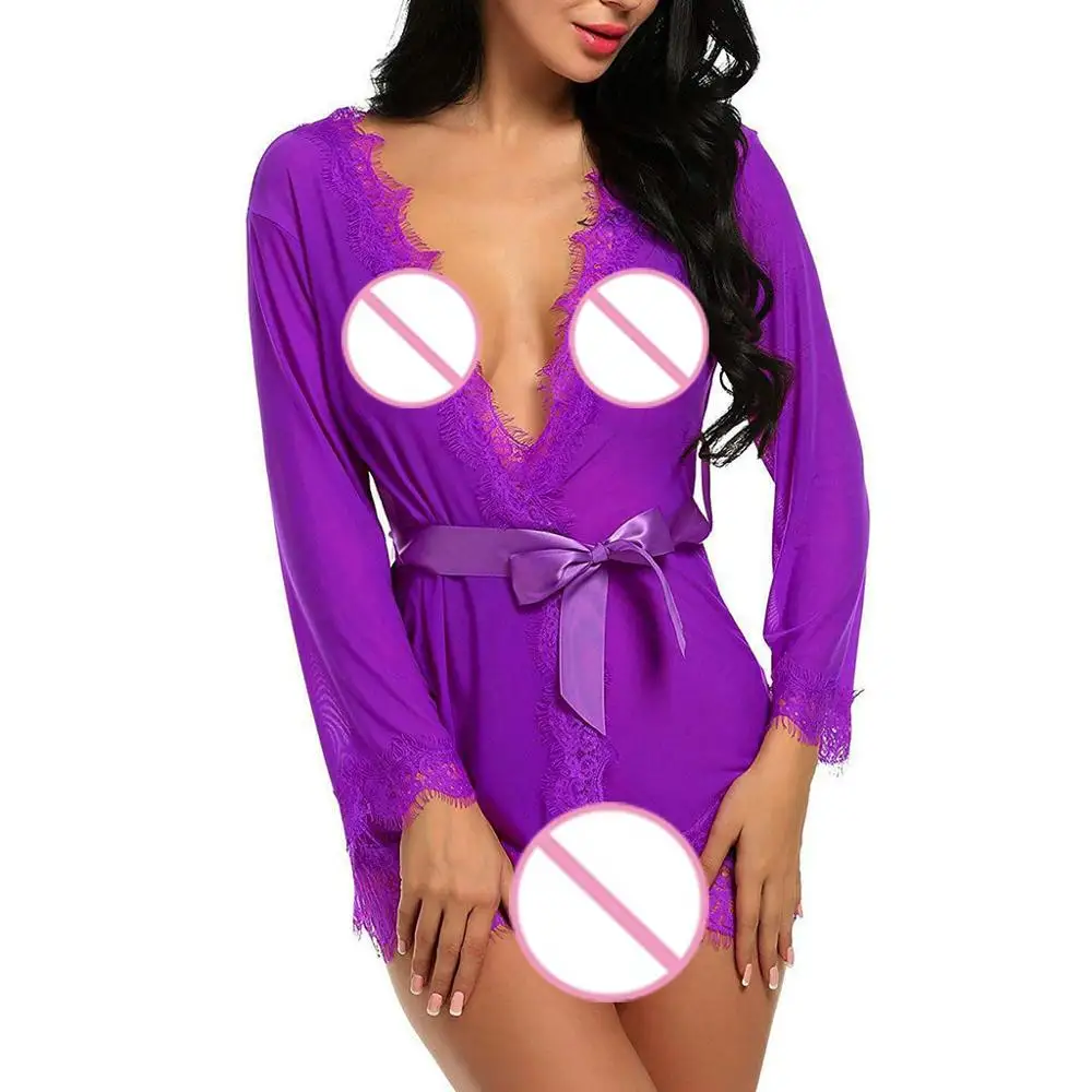 

Sexy Lace Midnight Robe Sleepwear Fashion Women Solid Long Sleeve See Through Nightwear RobeBatas Para Dormir Mujer Hot Sale YE