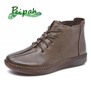 

PEIPAH 2020 Brand Women's Genuine Leather Shoes Woman Ankle Boots Female Retro Rubber
