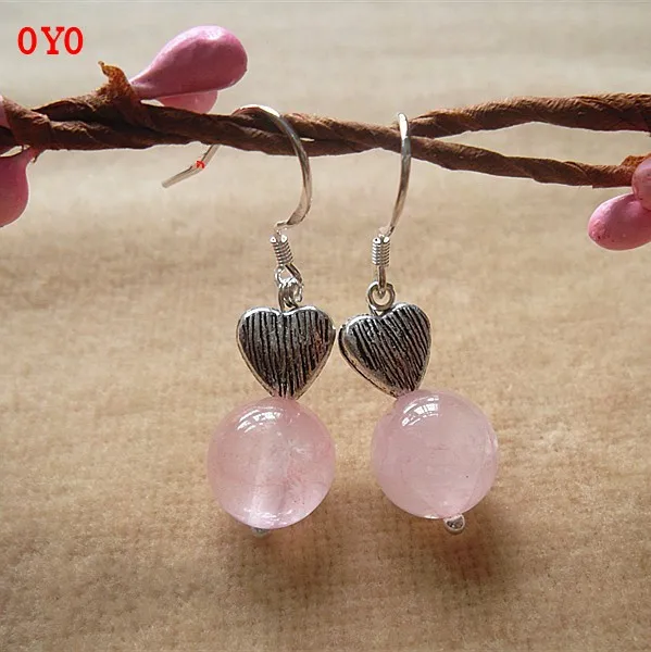 

925 sterling silver fashion handmade original jewelry heart-shaped natural pink crystal citrine smoke crystal earrings