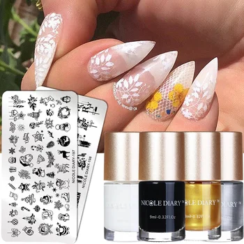 

NICOLE DIARYBlack White Nail Stamping Polish Set Peel Off Protective Nail Polish DIY Design For Stamping Plate