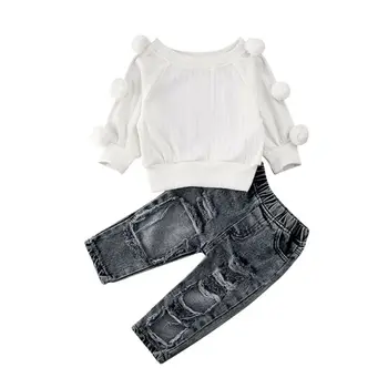 

1-5Y Toddler Kids Baby Girl Long Sleeve Ball White Shirt Tops Hole Denim Pant Jeans 2PCS Outfits Fall Autumn Clothes Set