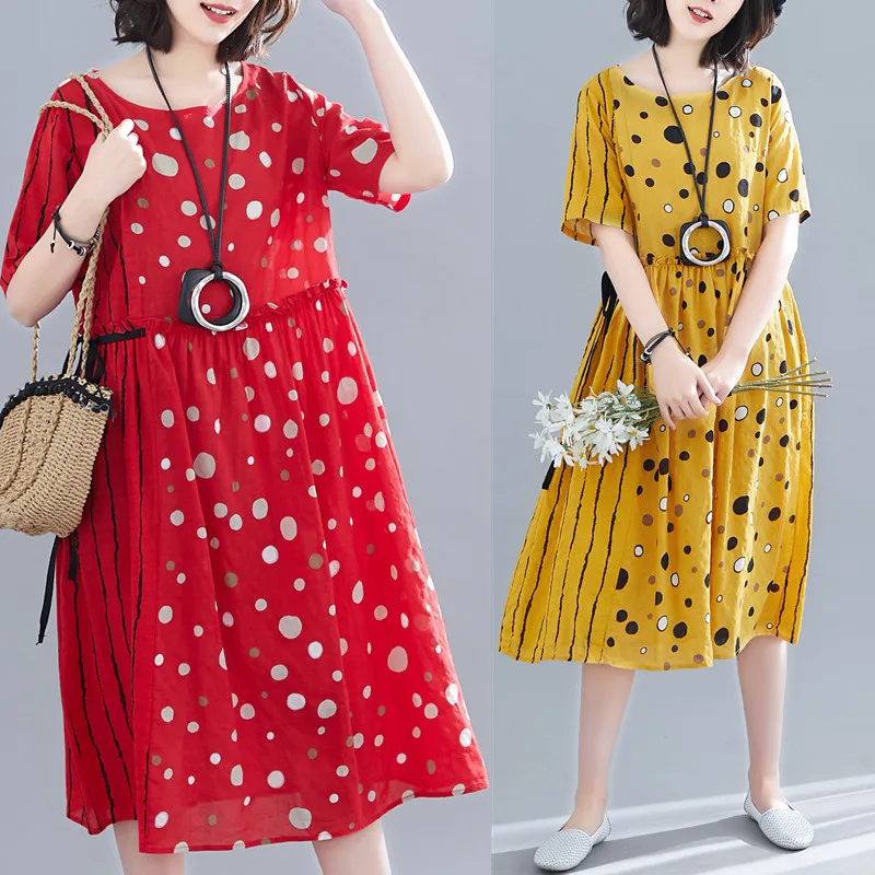 

2019 Summer Wear New Style Korean-style Polka Dot Printed Fat Mm Cotton Linen Large Size Short-sleeve Dress Women's Fashion