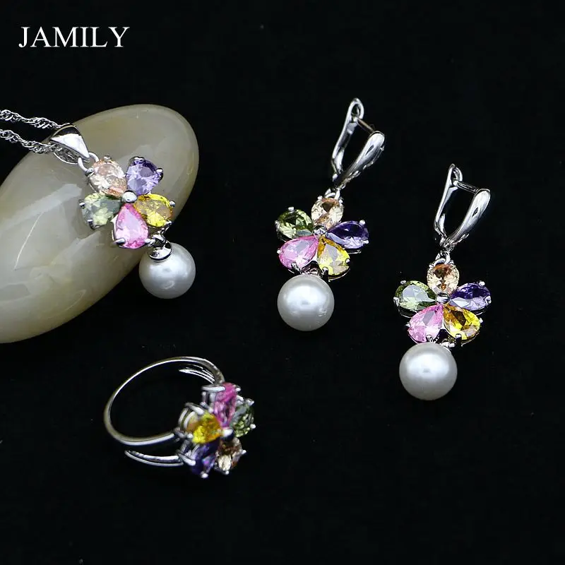 Женское кольцо и ожерелье набор ювелирных изделий из разноцветных камней с