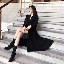 Платье для фотосессии, женское осеннее черное платье с v-образным вырезом, женское элегантное приталенное пальто, двойное назначение, платье средней длины