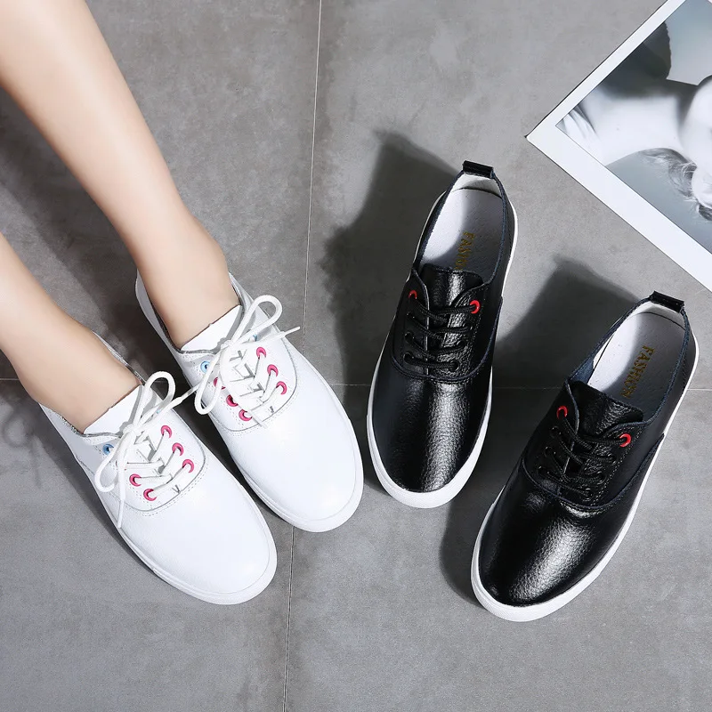 

2019 Summer New Style Women's Casual Sport Sneakers Flat Lace-up Shoes WOMEN'S Shoes Harajuku-Style Genuine Leather White Shoes
