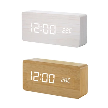 

Electric LED Wooden Alarm Clock Multifunction Voice Control Digital Clock Large Number Temperature Desktop Display Clock for Off