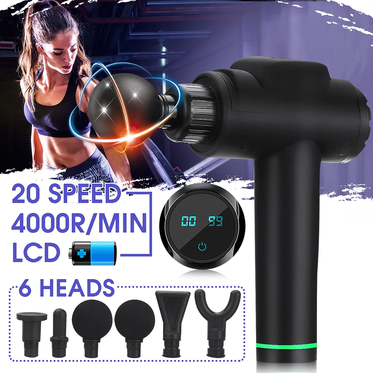 

LCD Display Electric Muscle Massage Gun Therapy Fascia Gun Deep Vibration Fitness Tissue Massager 6 Massage Heads 20 Gear