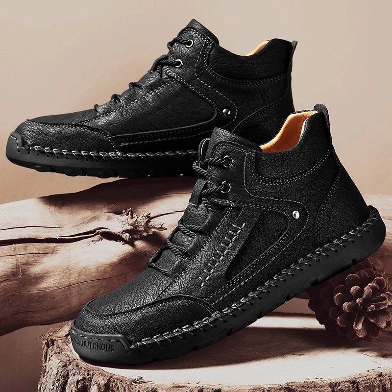 Nine o'clock Stylish Men's Leather Boots Casual Outdoor Street High-top Male Shoes Vintage Winter Warm Footwear Large Size 38-48
