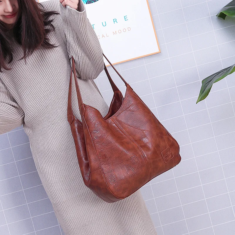 

2021 Female Top-handle Bags High Capcaity Soft PU Leather Vintage Women Hand Bag Totes Designers Luxury Women Shoulder Bags