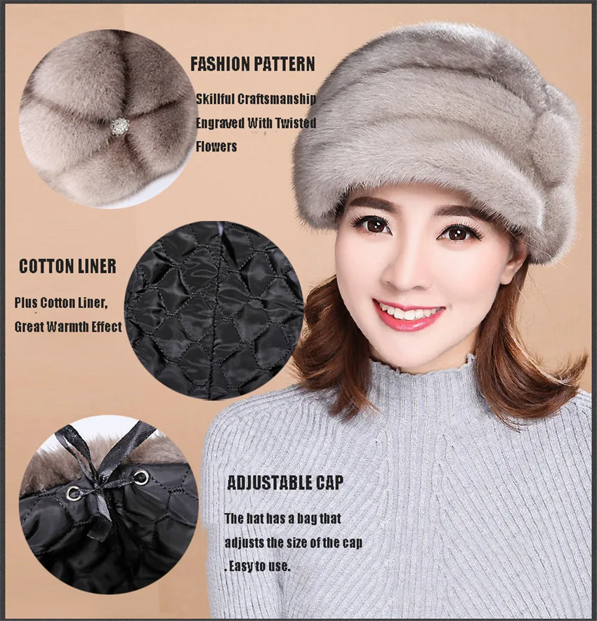Invierno Damas Sombrero Piel Sombrero Estampado цветочный Moda Lujo Damas Sombrero