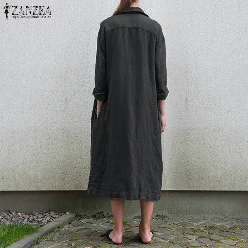 ZANZEA/Винтажные женские длинные куртки с вырезом, Осенний хлопковый льняной кардиган, пальто, Повседневная ветровка с длинными рукавами и пуговицами, верхняя одежда
