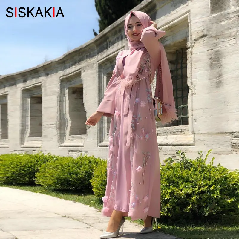 Siskakia 3D Цветочная вышивка абайя платье Ближний Восток турецкий Дубай Мода Jubah& кимоно сладкий розовый синий мусульманская Арабская одежда