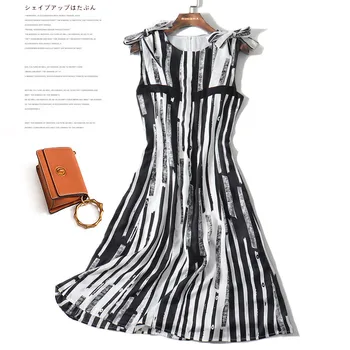 

New Free easy fashionable young model super thin shoulder nail bow geometric stripe dress ud0a1113